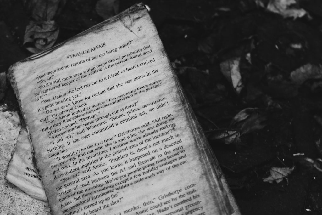 grayscale photo of book on ground