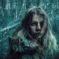 A dramatic portrait of a distressed woman in a dark, eerie forest setting.