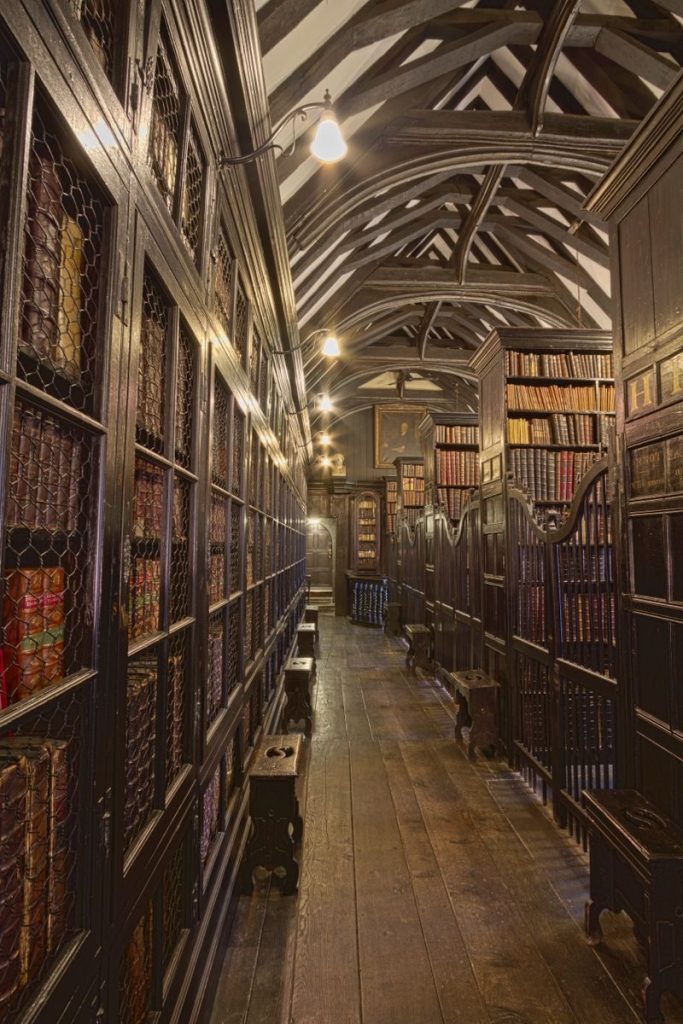 Explore the historic and atmospheric interior of Chetham's Library in Manchester, UK.