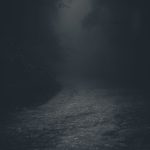 Empty gloomy pathway running away in dense fog with dark gray trees in woods