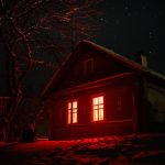 Eerie haunted house with red glowing windows under a starry night sky, perfect for spooky themes.