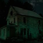 an old house is lit up in the dark