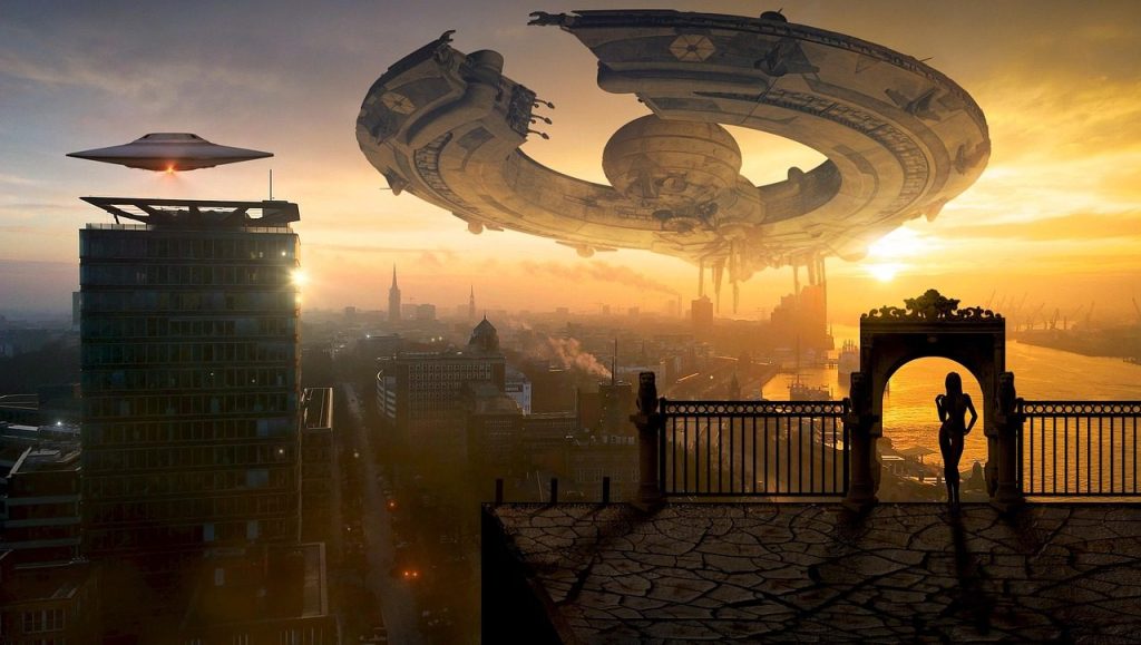 fantasy, ufo, city, science fiction, spaceship, futuristic, buildings, nature, rooftop, woman, sunset, surreal, mystical, unidentified flying object, space travel, utopia, sci fi, photomontage