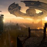 fantasy, ufo, city, science fiction, spaceship, futuristic, buildings, nature, rooftop, woman, sunset, surreal, mystical, unidentified flying object, space travel, utopia, sci fi, photomontage